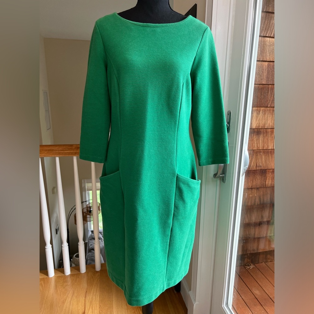 BODEN LONG SLEEVE‎ SLIPON GREEN SHEATH DRESS W/FLATTERING STRETCH FOR COMFY FIT